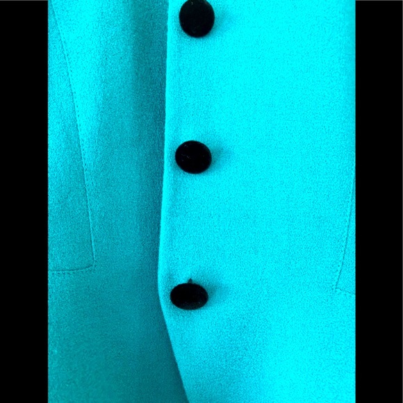 VTG 80s Black Velvet trim peplum jacket & mini skirt 10P worsted wool crêpe teal - Picture 13 of 16